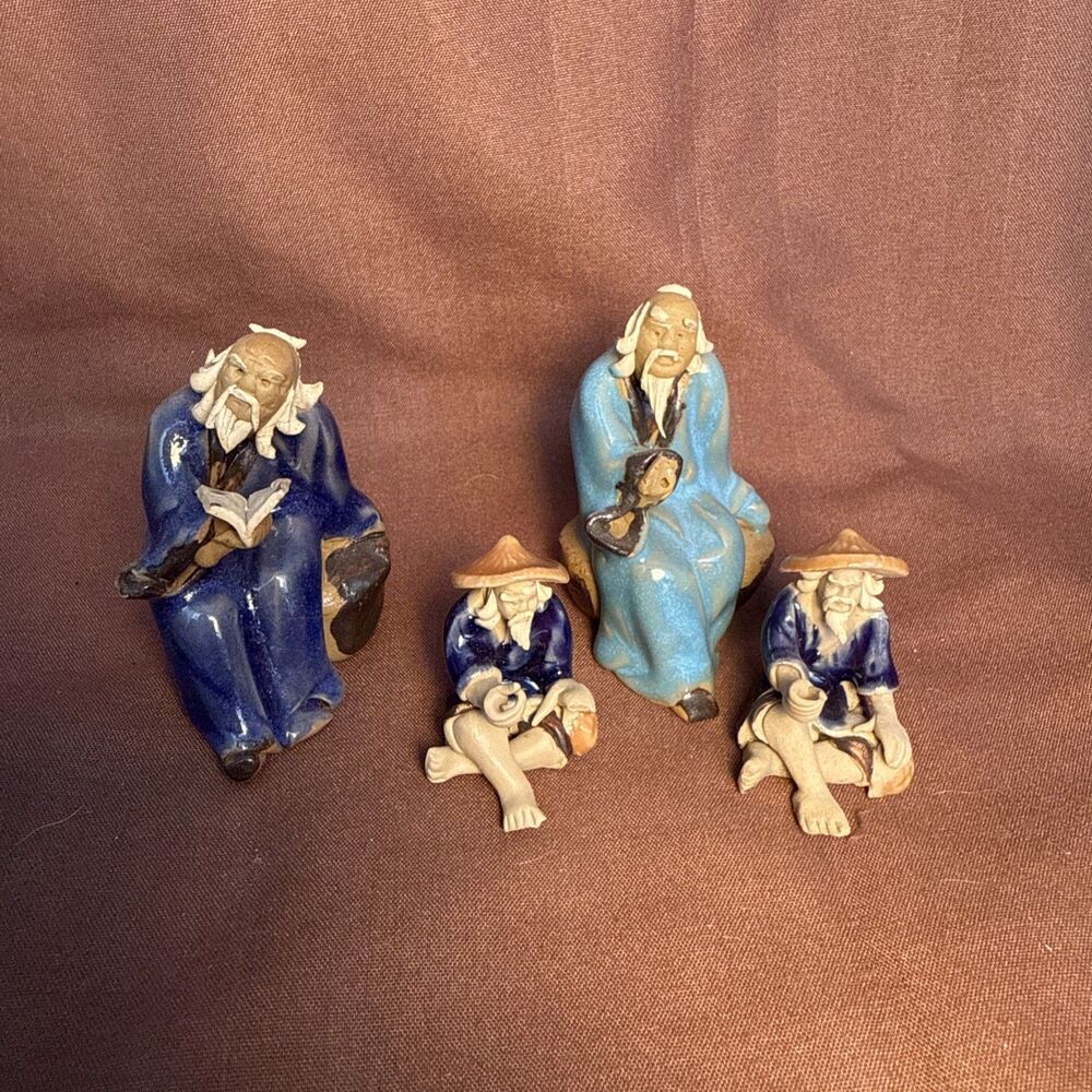 Mudmen Statue Set of 4 (2” and 1”) Bonsai Miniature Glazed Clay Figurines